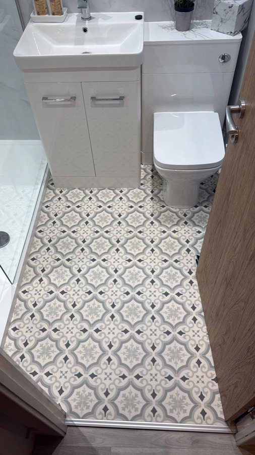 Patterned sheet vinyl fitted by A & R Flooring in a bathroom
